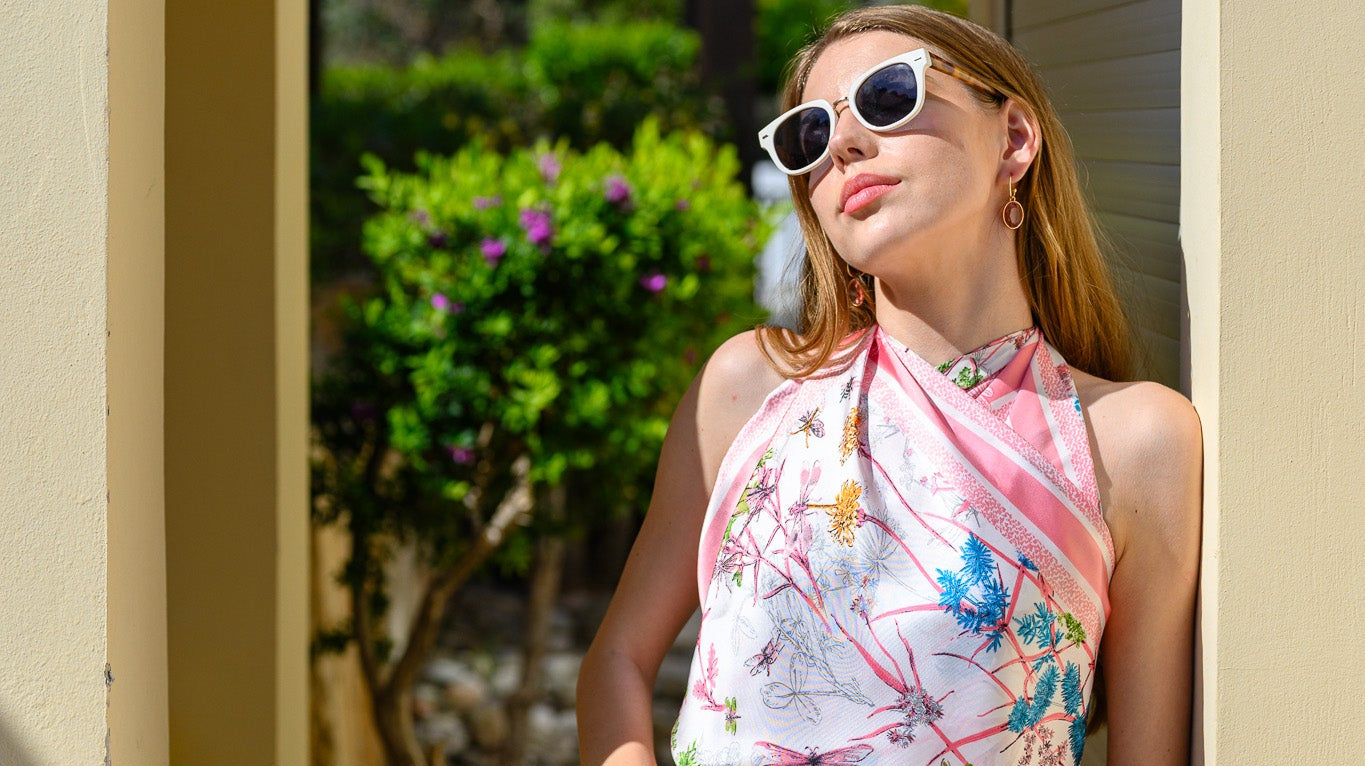 women outside wearing a silk scarf as a top